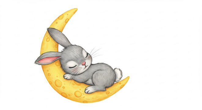Sweet bunny peacefully sleeps nestled on a glowing crescent moon. AI Generated