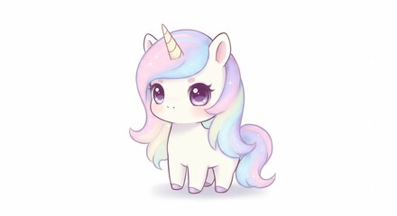 Fototapeta premium Adorable pastel unicorn playfully poses against bright white background. AI Generated