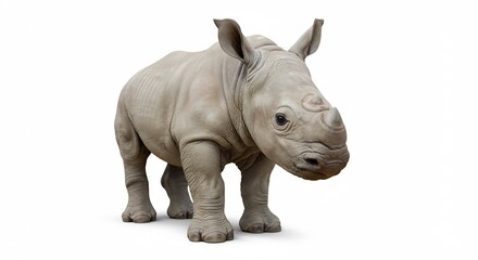 Fototapeta premium Adorable baby rhino stands gently against bright white background. AI Generated