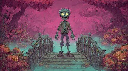 A cartoon zombie standing on a bridge surrounded by pumpkins in a spooky halloween landscape scene halloween art