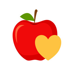 Healthy food concept with red apple and heart on white background.