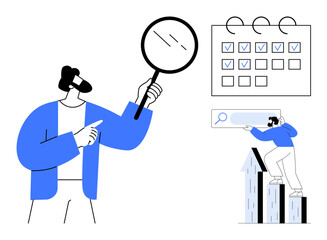 Man using magnifying glass, calendar with checked tasks, and search bar beside growth chart. Ideal for business planning, organization, research, productivity, analysis, growth strategies simple