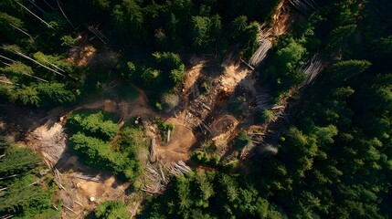 Aerial View of Illegal Logging Area with Partially Cleared Forest and Tree Stumps