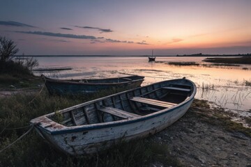 Naklejka premium Two Wooden Boats on Shoreline at Sunset