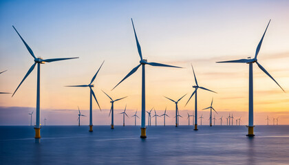 a scenic view of a large offshore wind farm with many turbines in the sea against a beautiful sunset sky.