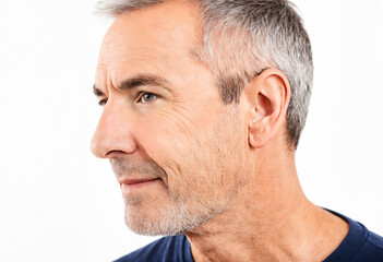 Obraz premium a thoughtful profile portrait of a mature man with grey hair, looking into the distance with a serious and contemplative expression.