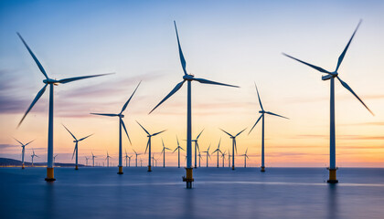 Fototapeta premium an expansive offshore wind farm with numerous turbines in the ocean under a pastel colored sky at dusk.