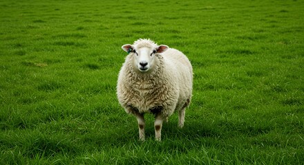Fototapeta premium Fluffy sheep calmly grazes lush green pasture bathed in soft sunlight. AI Generated