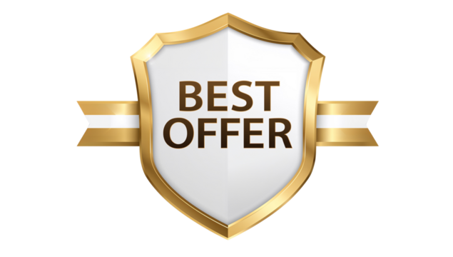 Premium golden shield with best offer inscription against black background