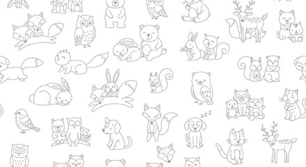 Fototapeta premium Playful Seamless Pattern Featuring Cute Doodle Animals on a Clean White Background for Various Design Projects