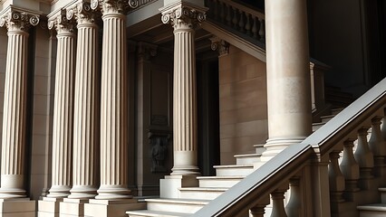 Classical stone pillars and staircase with elegant lighting, highlighting historical architecture.