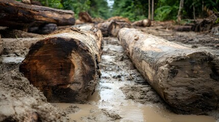 Fototapeta premium Chainsawed Tree Trunks on Muddy Ground in Rainforest – Illegal Logging and Deforestation