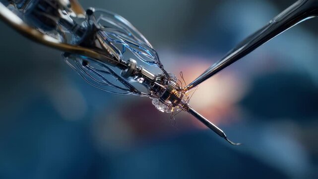 Close medium view showcasing the controlled release mechanism of a nextgen TAVI selfexpanding frame highlighting intricate device details against a smooth outoffocus surgical