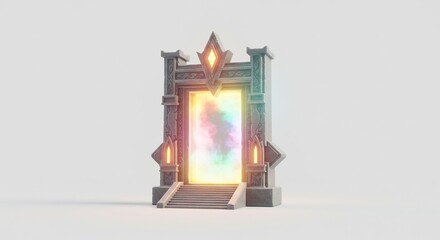 Mystical stone portal glows vibrantly with soft light illuminating ethereal passage. AI Generated