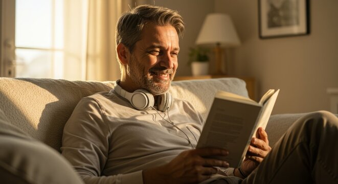 A middle-aged man with graying hair relaxes on a couch, sunlight illuminating him as he reads a book.  A peaceful and contented moment. - Powered by Adobe