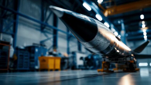 Crisp medium shot capturing a hypersonic interceptor missile secured in a pristine climateregulated hangar emphasizing advanced aerospace engineering with a softly blurred storage