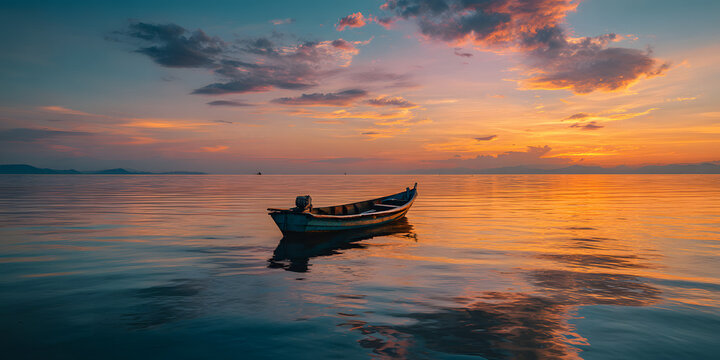 Lonely fishing boat drifting on calm sea during golden sunset, vibrant sky reflecting on gentle waves.
