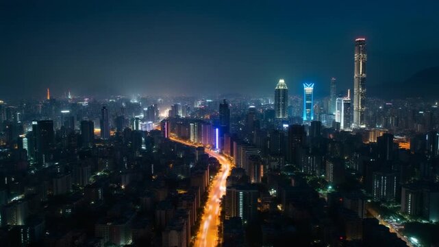 Shenzhen City at Night. Urban Futian District. Guangdong, China. Aerial Time Lapse, Hyper Lapse. Drone Flies Sideways and Upwards
