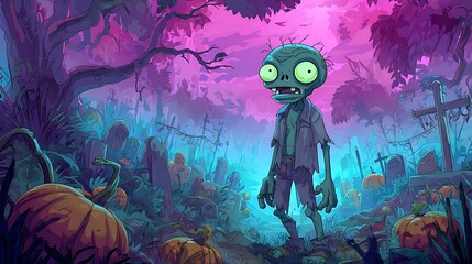 Cartoon zombie walking in a graveyard with pumpkins and tombstones under a colorful sky at night halloween art