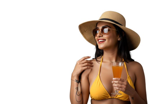 Latin Woman in Yellow Bikini Holding Cocktail with Transparent Background