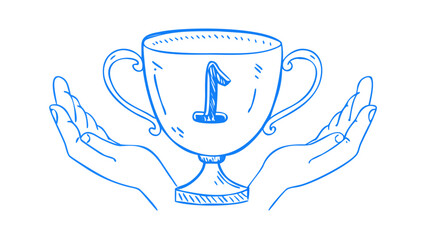 Blue hands holding trophy with number one award winner