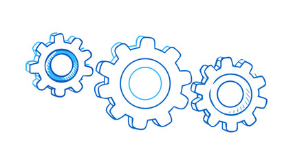 Blue outline gears interlocking on white background machinery