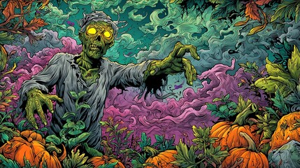 A vibrant illustration of a zombie surrounded by pumpkins and colorful foliage in a spooky scene halloween art