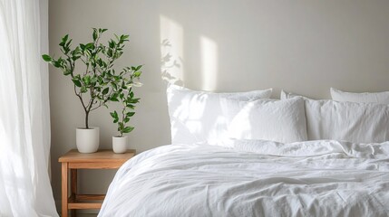 Bright bedroom interior with white bedding plant and wooden bedside table.
