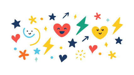 Cheerful hearts stars lightning and arrows smiley face