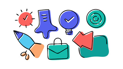 Collection of playful business icons doodle checkmark