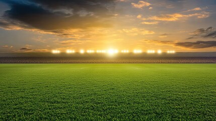 Illuminated soccer field at sunset with blurry crowd