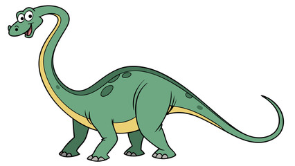 Obraz premium Cute green Brachiosaurus dinosaur with a long neck. A happy cartoon prehistoric animal character standing and smiling, isolated on a white background