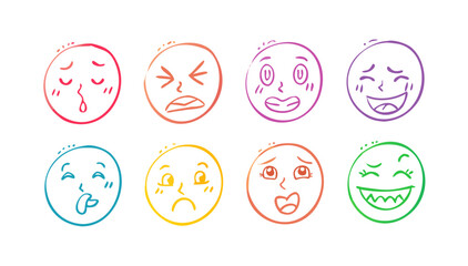 Colorful doodle faces expressing various emotions expressive