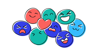 Colorful doodle faces with black outlines emoji blue