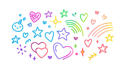 Colorful doodle hearts stars and rainbows vector