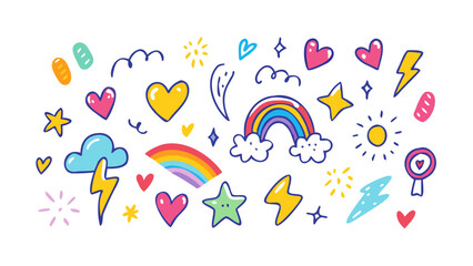 Colorful doodle icons hearts rainbow stars lightning bolts sun vector