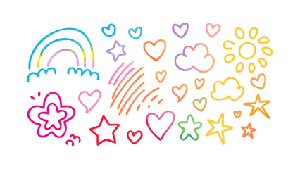 Obraz premium Colorful doodle icons rainbow hearts stars sun clouds vector