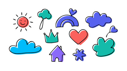 Colorful doodle icons with playful shapes and outlines cloud heart