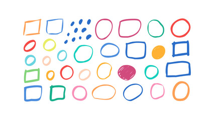 Colorful doodle shapes and dots labels circles