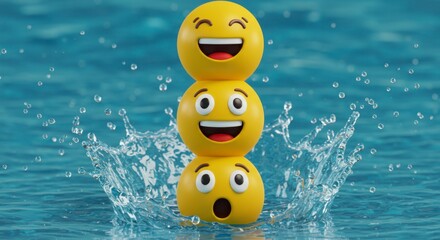 A happy 3D yellow cartoon smiley face doll with a red smile and a duck toy swims in a fun pool