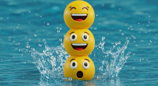 A happy 3D yellow cartoon smiley face doll with a red smile and a duck toy swims in a fun pool