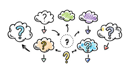 Colorful question marks and scribbles doodle abstract