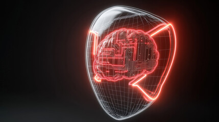 transparent shield enveloping AI brain shaped microchip pulsating neon lines concept of intellectual property protection illustration concept scene visual for commercial design use high detail quality