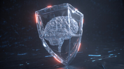 transparent shield enveloping AI brain shaped microchip pulsating neon lines concept of intellectual property protection illustration concept scene visual for commercial design use high detail quality