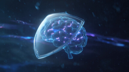 transparent shield enveloping AI brain shaped microchip pulsating neon lines concept of intellectual property protection illustration concept scene visual for commercial design use high detail quality