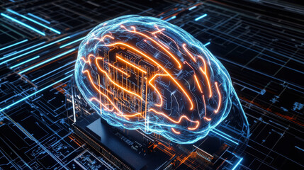 transparent shield enveloping AI brain shaped microchip pulsating neon lines concept of intellectual property protection illustration concept scene visual for commercial design use high detail quality