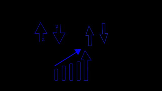 Blue Neon Arrows and Bar Chart on Black Background up arrow down arrow