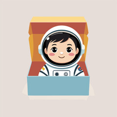 A cute astronaut happily sitting in a spaceship-shaped box, surrounded by twinkling stars and colorful planets, with a playful expression and a tiny flag in hand.