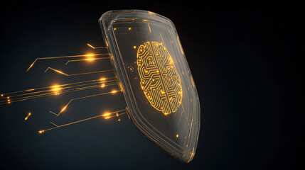 transparent shield enveloping AI brain shaped microchip pulsating neon lines concept of intellectual property protection illustration concept scene visual for commercial design use high detail quality