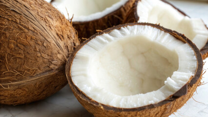 Coconuts on a white background, studio advertising photo of coconut. Coconut pulp.
